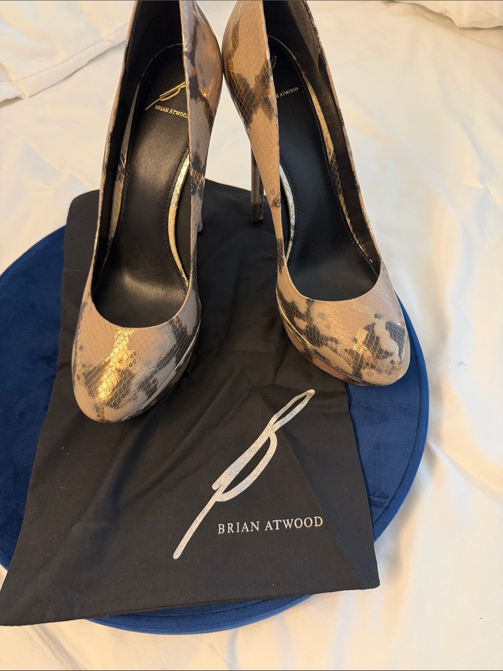 B Brian Atwood Snake-Print Platform Stilettos in Pewter/ gold snakeskin design